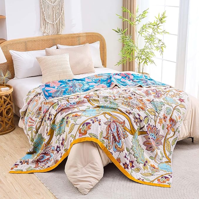 XIBLC Boho Throw Blanket for Bed, 100% Cotton Soft Rustic Quilt Fall Blanket, 90"x98" Floral Printed Farmhouse Decor Bed Blankets, All Season Rustic Reversible Bohemian Throw Quilt
