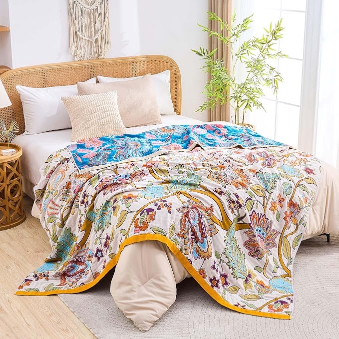 XIBLC Boho Throw Blanket for Bed, 100% Cotton Soft Rustic Quilt Fall Blanket, 80"x90" Floral Printed Farmhouse Decor Bed Blankets, All Season Rustic Reversible Bohemian Throw Quilt