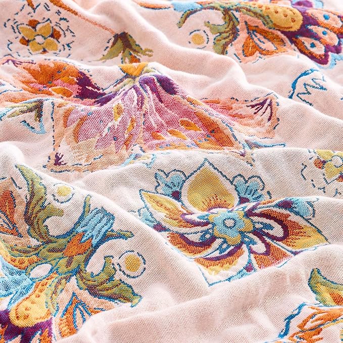 XIBLC Boho Throw Blanket for Bed, 100% Cotton Soft Rustic Quilt Fall Blanket, 60"x80" Floral Printed Farmhouse Decor Bed Blankets, All Season Rustic Reversible Bohemian Throw Quilt