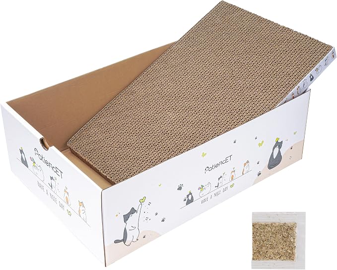 PatiencET Cat Scratch Pad with Box, Corrugated Cardboard Scratcher | Raised edges, less mess, cozy lounge, furniture protection, double-sided scratch surface, replaceable design, catnip included
