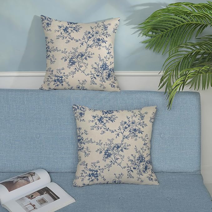 Blue and Cream Flower Pillow Covers 18x18 Set of 2 Chinoiserie Floral Decorative Throw Pillows Vintage Toile Flower Pillowcase Linen Outdoor Farmhouse Cushion Cover for Couch Sofa Decor