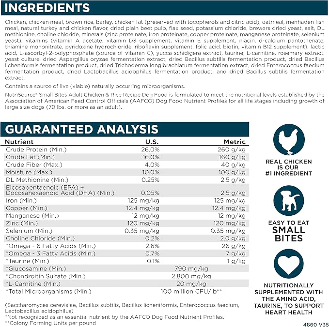 NutriSource Adult Dry Dog Food, Small Bites, Chicken and Rice, 4LB | Probiotic & Prebiotic Support, Grain Inclusive, No Corn Wheat or Soy
