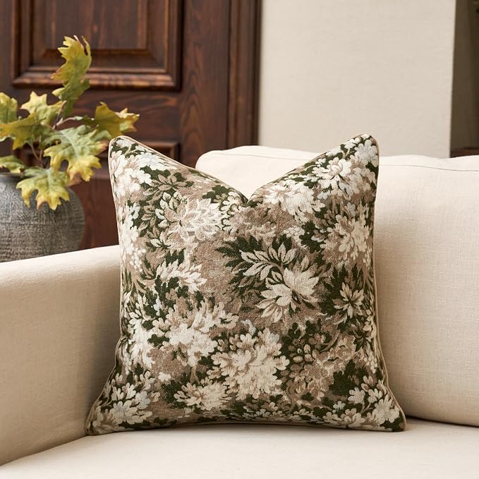 Neutral Floral Pillow Cover 24 x 24 Inches, Vintage Chenille Square Throw Pillow Cover Soft Decorative Farmhouse Accent Couch Pillow Cover for Living Room Bedroom, Green