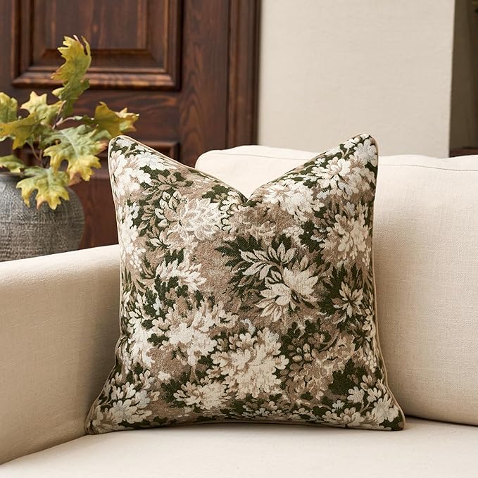Neutral Floral Pillow Cover 20 x 20 Inches, Vintage Chenille Square Throw Pillow Cover Soft Decorative Farmhouse Accent Couch Pillow Cover for Living Room Bedroom, Green