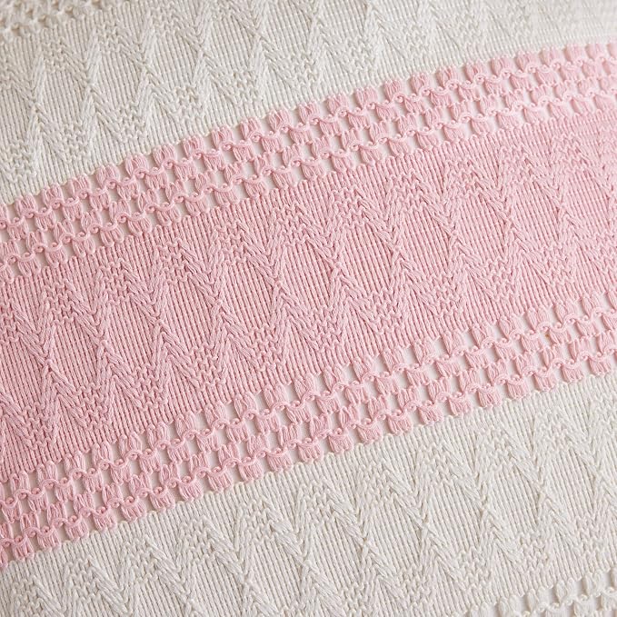 2pk Boho Pillow Covers 18x18, Natural White/Contrast/Light Pink | 100% Organic Cotton Body, Stripe Embroidery, Farmhouse Decorative Cushion Covers for Sofa Bed Living Room Home Decor