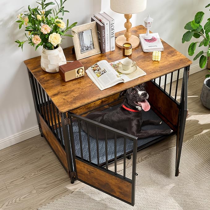 KOOPRO 43.7" Dog Crate Furniture w/Cushion for Large Dog, Heavy Duty Kennel | Wooden with Double Doors Indoor, Decorative Pet House Dog Cage Side End Table, Rustic Brown