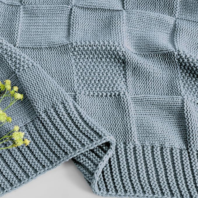 CozeCube Dusty Blue Knitted Checkered Throw Blanket 60"X80" | Check Knit Throw for Couch, Decorative Christmas Soft Cozy Warm Blanket for Bed Sofa Living Room