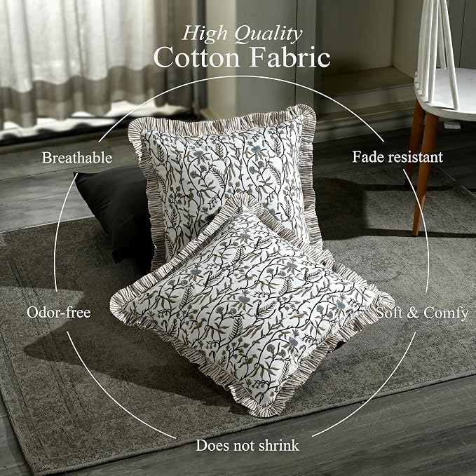 CPC Cocoa Vine Hand Block Print 100% Cotton Ruffle Throw Pillow Cover 24x24 inch with Hidden Zipper Decorative for Couch, Bed, Sofa, Farmhouse, Cottagecore Decor Gift Christmas Fall Thanksgiving