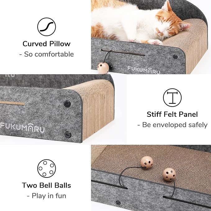 FUKUMARU Large Cat Scratcher Bed, 26 Inch Cat Scratching Bed Sofa Indoor | Cardboard Cat Scratcher with 2 Reversible Scratch Pad Refills, Durable Large Cat Scratching Lounger with Ball Toy, Grey