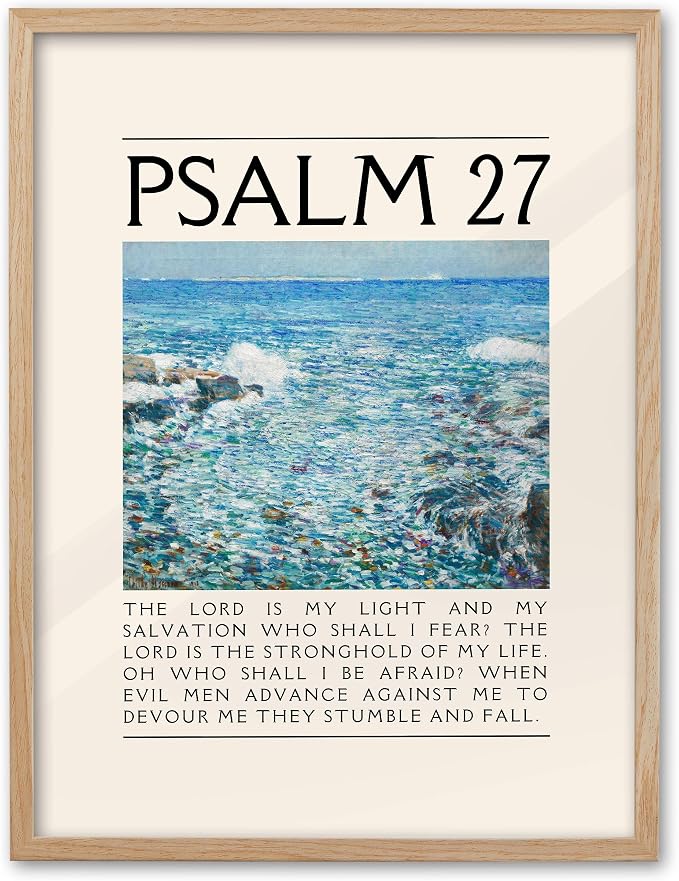 EcoHest 16x20 in Psalm 27 Ocean Framed Bible Verse Christian Wall Art | Solid Oak Wood Frame with Canvas Wall Art, Coastal Scripture Wall Decor for Bedroom, Living Room, Office, Church, 1Pack