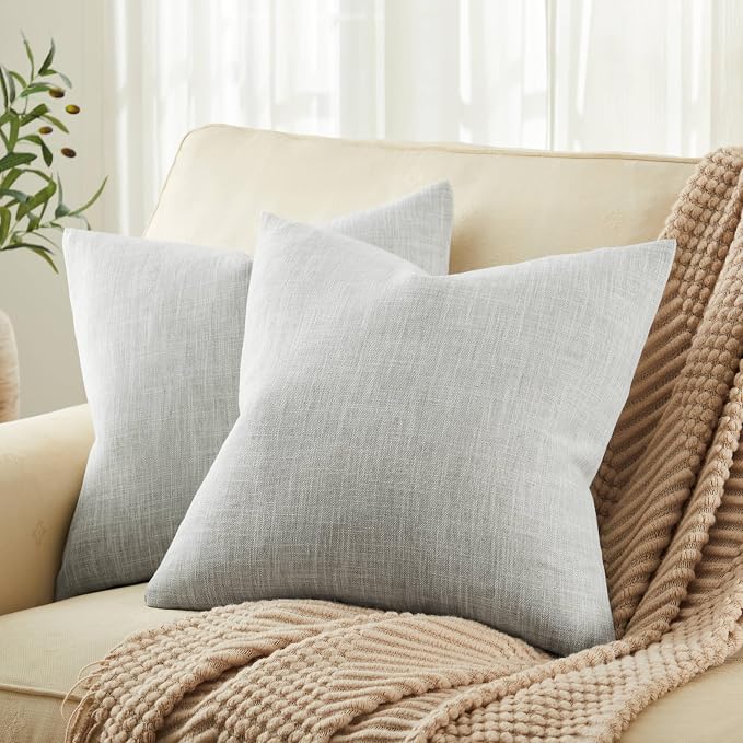 Rustic Linen Throw Pillow Covers Set of 2, Light Grey 22x22in | Textured Pillow Case, Rustic Cotton Linen Fabric, Modern Farmhouse Cushion Covers for Sofa Bed Living Room Home Decor