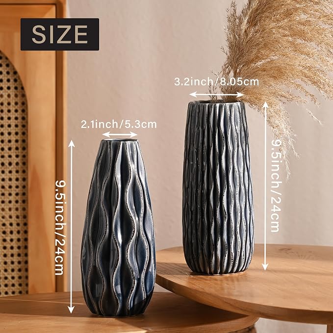 VICTOR & TERESA Ceramic Vase for Flowers, 10'' Set of 2 Decorative Blue Vases for Home Decor, Farmhouse Vases for Pampas Grass, Table, Mantel, Living Room, Shelf, Centerpieces, Gifts for Mom
