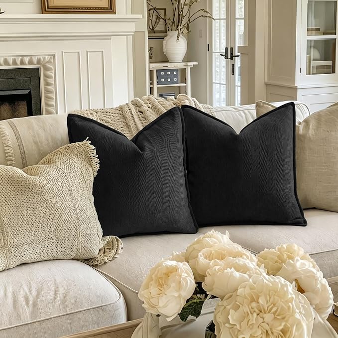 Black Pillow Covers 26x26 Set of 2 Chenille Throw Pillow Covers with Elegant Design Soft and Luxurious Decorative Throw Pillows for Couch, Bed, and Home Decor