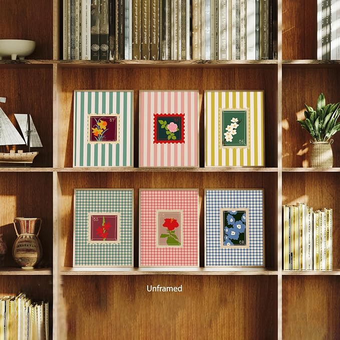 Coquette Pink Floral Posters Wall Art Set of 6, Colorful Stripes and Checks Flower Canvas Wall Decor Painting, Florals Stamp Artwork Posters Pictures for Girls Room Bedroom Dorm 8x10 Inch Unframed