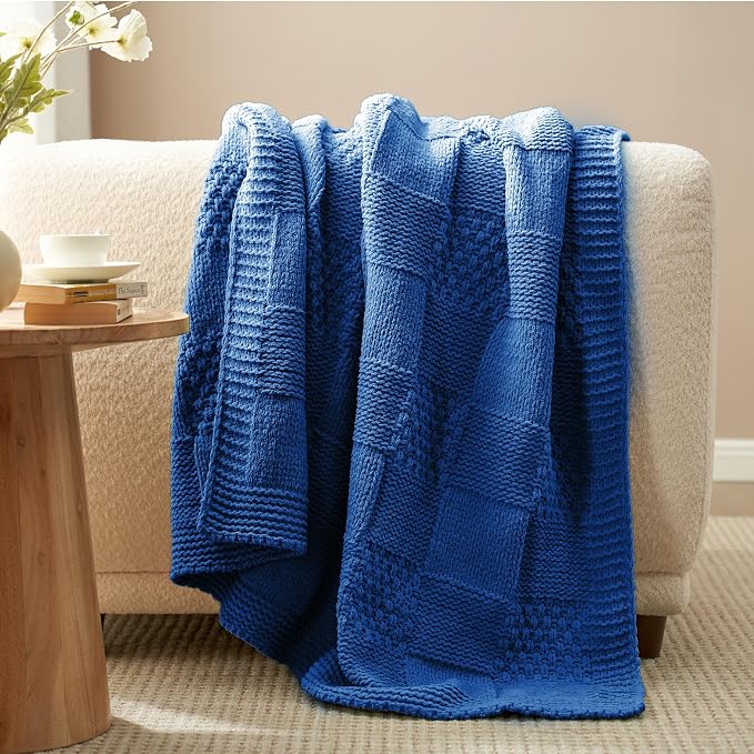 Knit Throw Blanket, Soft Chenille Cozy Breathable Checkered Chunky Decorative Blanket for Couch, Bed & Sofa, French-Inspired Lightweight Warm Gift for Women, Royal Blue, 50"x60"