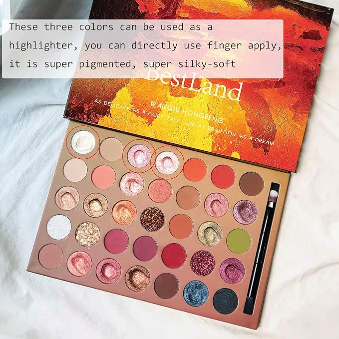 BestLand Pro 35 Colors Glitter Eyeshadow Palette with Eyeshadow Brush，Highly Pigmented Pressed Soft Creamy Metallic Matte Shimmer Naked Eye Shadow Powder Makeup Palette Set