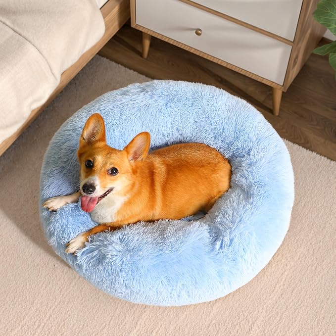 Western Home Calming Donut Small Medium Pet Dog Bed Washable,27" Light Blue | Fluffy Faux Fur Round Cuddler,Anti-Anxiety,Anti-Slip Bottom,Plush Pet Dog Beds for Small Medium Sized Dogs,Up to 35 LBS