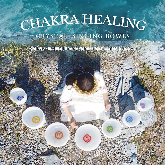 440HZ 6"-12" Set of 7 Paternoster Frosted Quartz Crystal Singing Bowl Set for Chakra Healing with 2 pcs Carrying Case