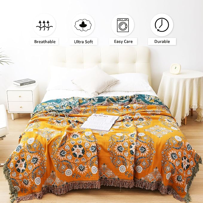 VANJOROY Boho Throw Blanket, 100% Cotton Soft Sofa Bed Throw-Floral Farmhouse Decor Blanket, Reversible Bohemian Throw for Chair Couch Quilt and Gift, 60" x 80"-Yellow