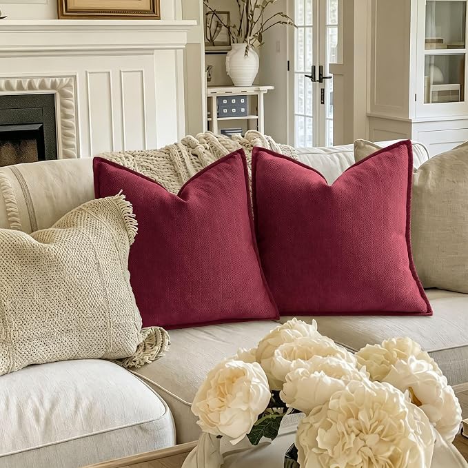 Burgundy Pillow Covers 26x26 Set of 2 Chenille Throw Pillow Covers with Elegant Design Soft and Luxurious Decorative Throw Pillows for Couch, Bed, and Home Decor