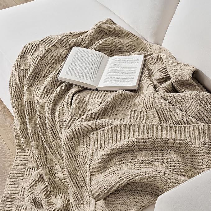 EVERGRACEHOME Modern Checkered Chenille Throw Blanket, 50x60, Sand Dune | Lightweight Warmth, All-Season Breathability, OEKO-TEX certified, Timeless Grid Pattern, Farmhouse Throw for Couch, Bed, Sofa