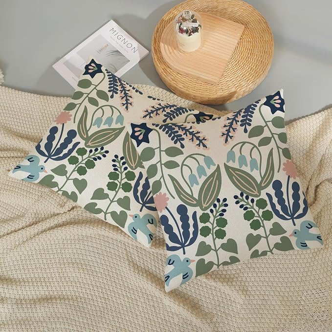 Boho Navy Blue Green Flower Pillow Covers 16x16 Inch Set of 2 Sage Green Floral Throw Pillows Vintage Flower Outdoor Pillowcase Linen Seasonal Decorations Farmhouse Cushion Case for Sofa Home