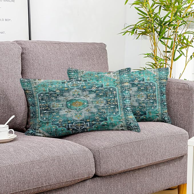 Boho Throw Pillow Covers 12x20 inch Set of 2,Soft Pillowcases Bohemia Carpet Printing Pattern Decorative Sofa Living Room Bed Rectangle Pillow Case Cushion Cover-Cyan