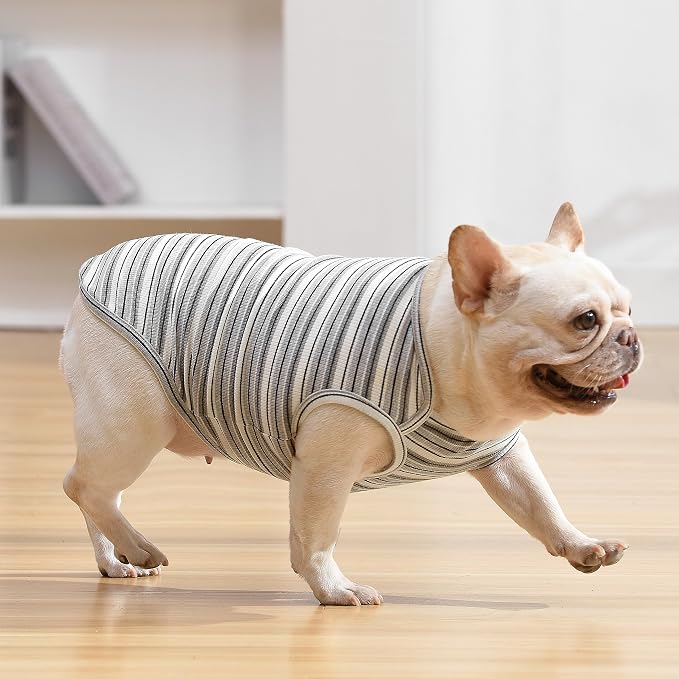Dog Shirts Vest Cotton Striped T-Shirt, Sleeveless Stretchy Pet Clothes for Small Dogs, 2-Pack Soft Breathable Puppy Tank Top Cat Tee (Small, Black,Gray)