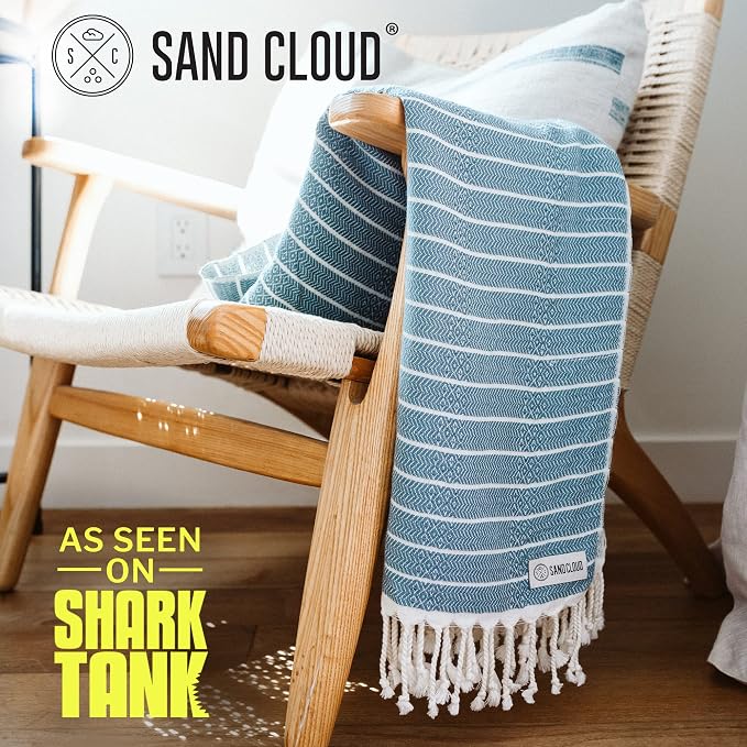 Sand Cloud Turkish Beach Towel - Sand Resistant - 100% Certified Organic Turkish Towel - Quick Dry Towel for Beach, Picnic, Blanket or Bath Towel - As Seen on Shark Tank - Gocek (Denim)