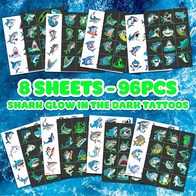 96 PCS Ocean Shark Glow In The Dark Pre-Cut Temporary Tattoos Sticker Sea Animal Birthday Party Decorations Decor Favors Supplies Gifts Boys Girls Cute Fake Tattoo School Reward Themed (Luminous)
