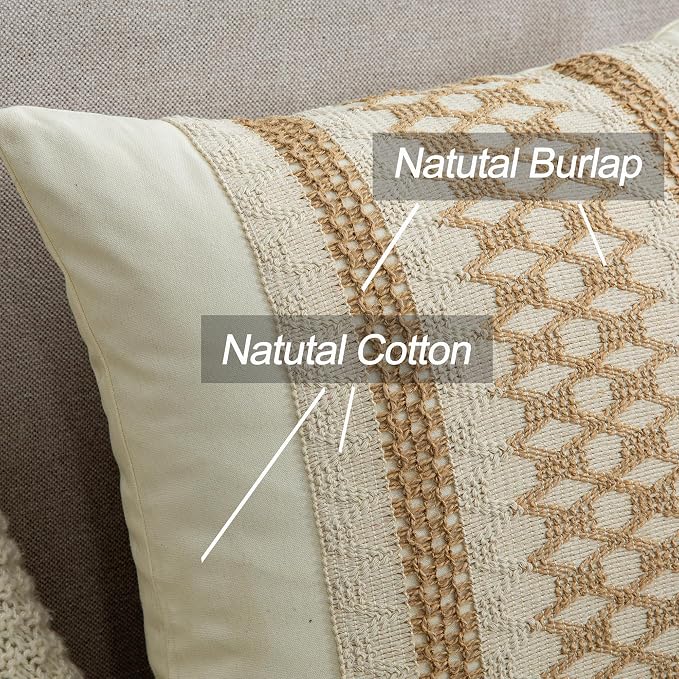 Throw Pillow Covers 16 x 16 Inch 1PC for Farmhouse Living Room, Cotton & Burlap Textured Striped Woven Boho Pillow Covers (Beige & Brown, Khaki Grid)