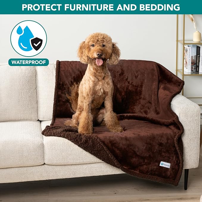 PetAmi Waterproof Dog Blanket for Large Dog Cat Pet, 60x80, Brown Sherpa | 460 GSM Sherpa Fleece Reversible, Pee Proof, Furniture Protector Cover for Couch Sofa Bed Kennel, Washable, Extra Large