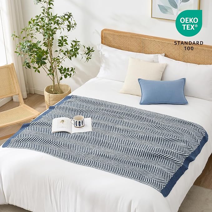 Snuggle Sac Herringbone Throw Blanket for Couch, Reversible Super Soft Warm Chervon Blankets, Cozy Knit Fuzzy Plush Lightweight Stripe Throws for Sofa, Bed, Camping, Navy, 50x60 inches