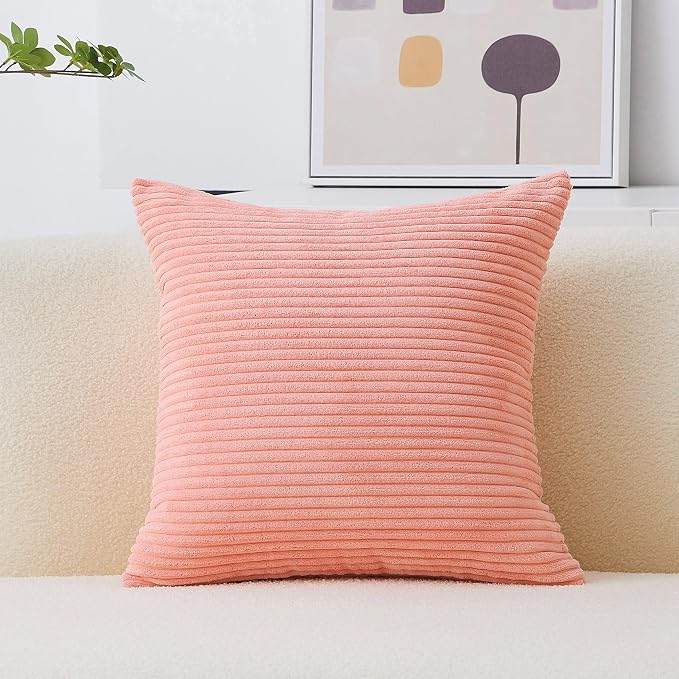 Home Brilliant Soft Plush Pillow Cover Pink Decorative Throw Pillow Cover 20 x 20 Square Corduroy Striped Pillowcase for Baby Women Couch Decorations, 20x20 inch (50cm), Coral