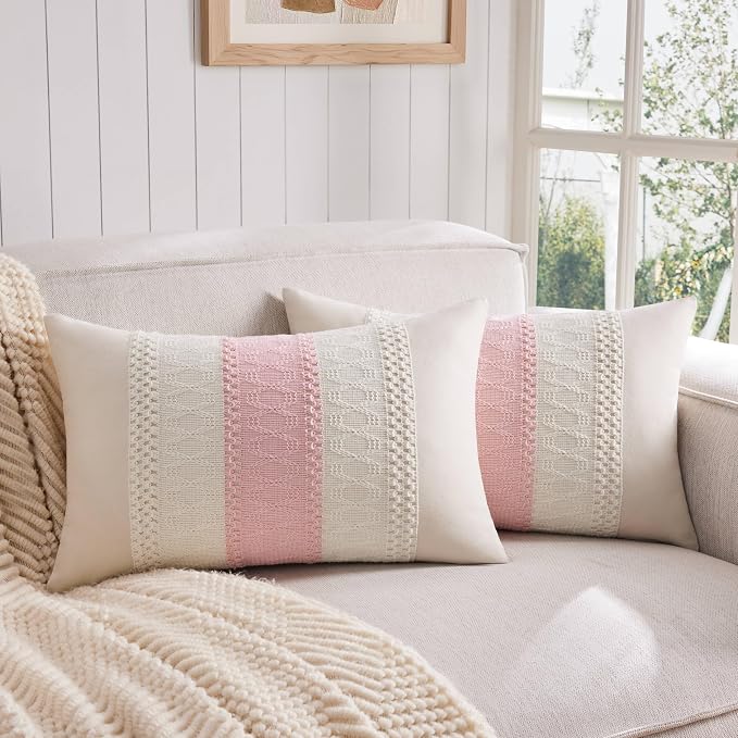 2 Pack Boho Lumbar Pillow Covers, Contrast Light Pink 12x20in | Soft Breathable Cotton, Farmhouse Decorative Couch Pillow Cases, Cushion Covers for Sofa Bed Living Room Home Decor