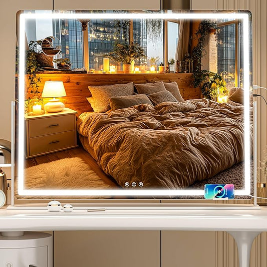 Vanity Mirror with Lights, 34'' x 25.6'' Lighted Makeup Mirror, Touch Screen with 3-Color Lighting, Dimmable for Vanity Desk Tabletop Round White