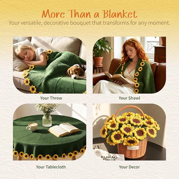 Sunflower Crochet Flower Bouquet Blanket, 43 Inch Gift Throw, 36 Sunflowers | Gift bag, writable card, machine washable, hand-crocheted sunflowers, ready for sunshine gifts and special moments.