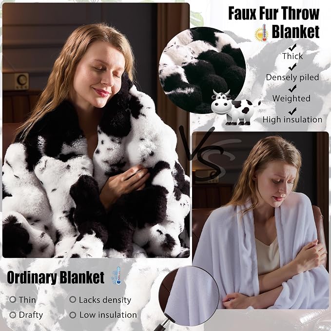 Faux Fur Throw Blanket for Couch, Fluffy Fuzzy Plush Bubble Blanket, Soft Warm Cozy Shaggy Rabbit Blanket, Luxury Decorative Gifts for Sofa Bedroom Living Room, 108x90inch (Cow Print-Black)