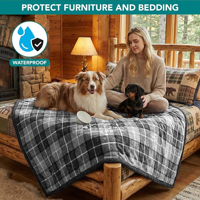PetAmi Waterproof Dog Blanket for Large Dog Cat Pet, 60x80, Plaid Grey | 460 GSM Sherpa Fleece Reversible, Pee Proof, Furniture Protector Cover for Couch Sofa Bed Kennel, Washable, Extra Large