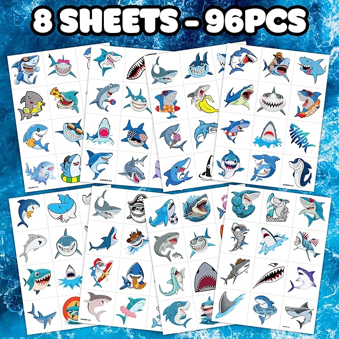 96 PCS Shark Pre-Cut Temporary Tattoos Sticker Sea Animal Fish Under The Sea Ocean Birthday Party Decorations Decor Favors Supplies Gifts Boys Girls Cute Fake Tattoo School Reward Themed (Normal)