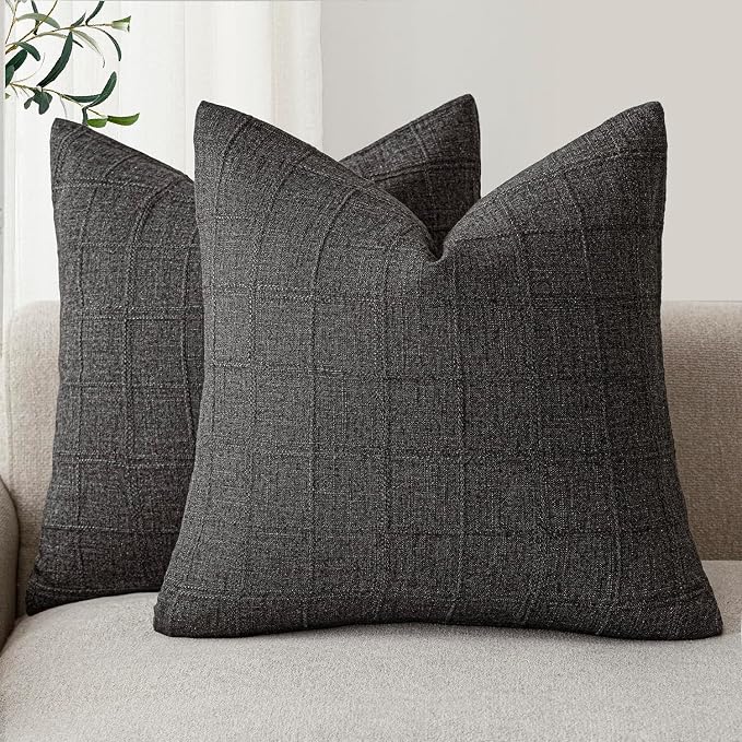 Foindtower Set of 2 Decorative Linen Check Throw Pillow Covers Neutral Farmhouse Vintage Cushion Covers Modern Boho Home Decor for Sofa Chair Couch Bedroom Living Room,18×18 Inch,Charcoal