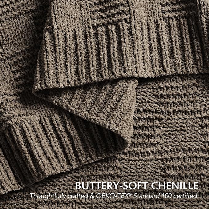 EVERGRACEHOME Modern Checkered Chenille Throw Blanket, 50x60, Mocha Brown | Lightweight Warmth, All-Season Breathability, OEKO-TEX certified, Timeless Grid Pattern, Farmhouse Throw for Couch, Bed, Sofa