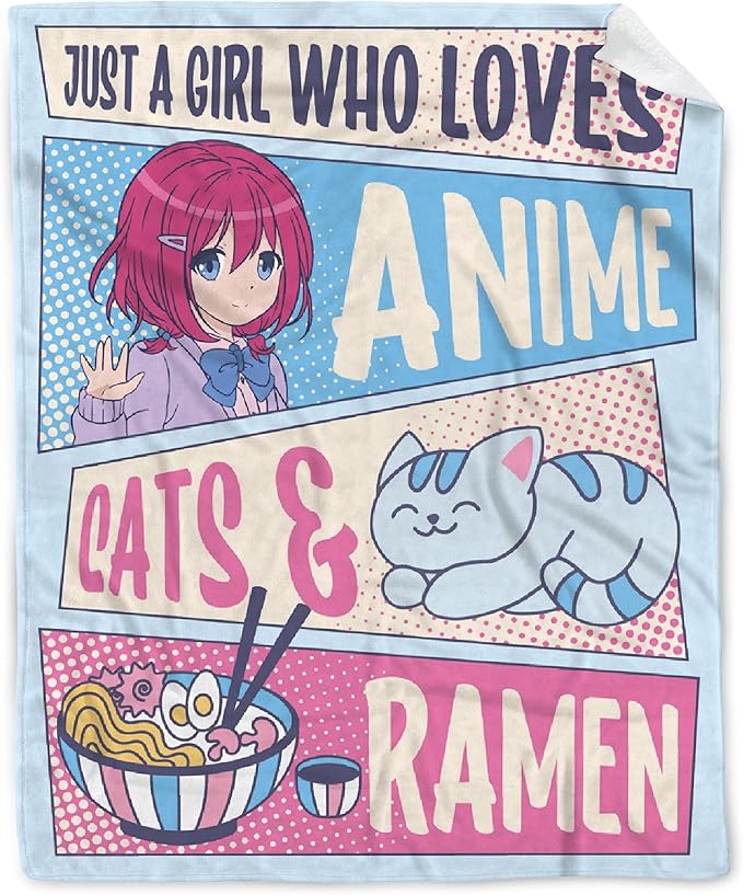 Just A Girl Anime Blanket - Kawaii Decor, Cats & Ramen, Luxurious & Cozy, 40X50 Inch, Kids/Child