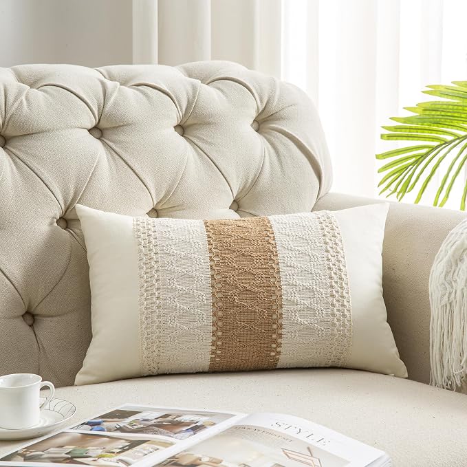 Lumbar Throw Pillow Covers Set of 1 (Beige & Brown, 12x20 Inch) | Linen Cotton Soft Cozy, Decorative Sofa Couch Pillow Cases, Textured Woven Single Striped, Boho Sytle for Living Room