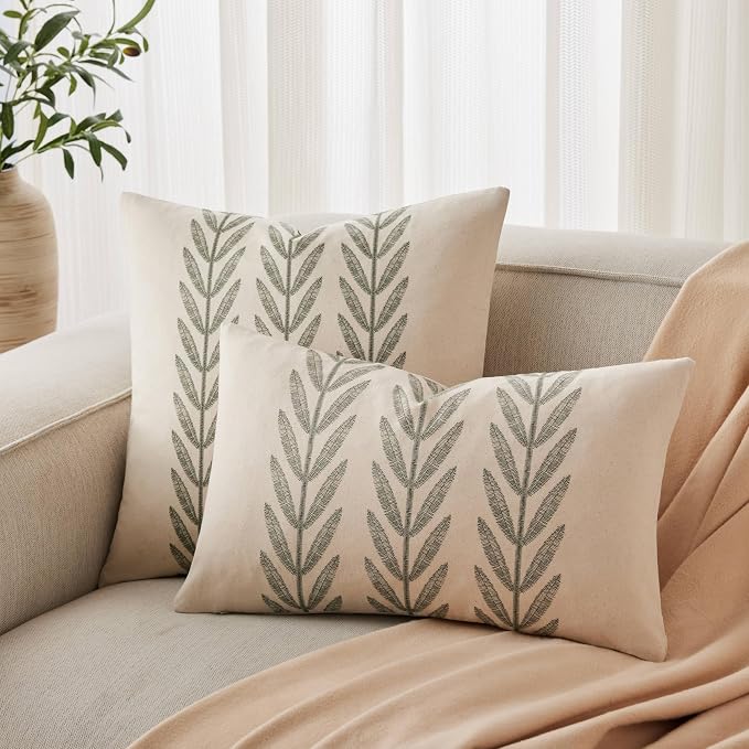 Farmhouse Leaves Throw Pillow Covers Set of 2, 22x22in Green | 100% Organic Cotton, Rustic Accent Print Pillow Case, Pastoral Decorative Cushion Covers for Sofa Bed Living Room Home Decor