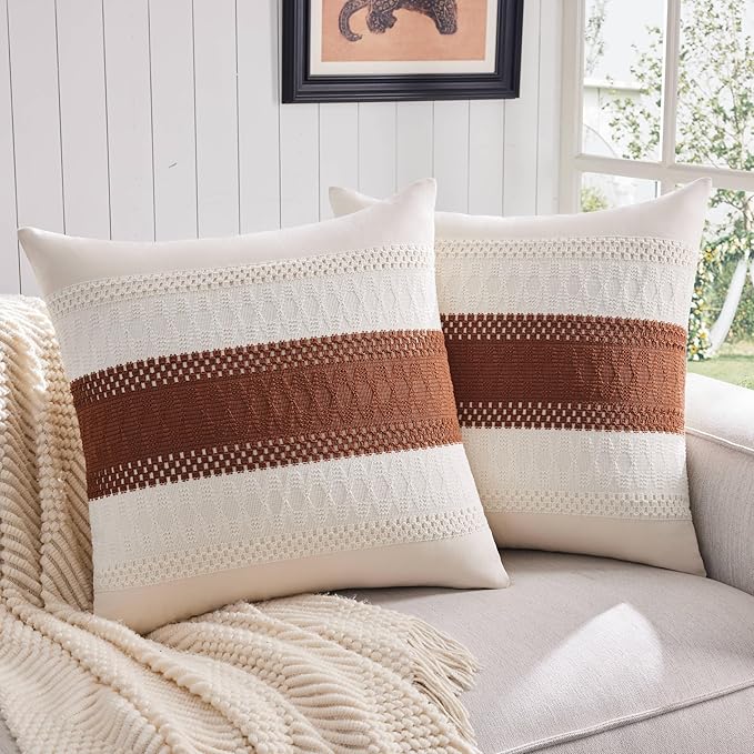 2 Pack Boho Throw Pillow Covers, Contrast Terracota 24x24in | Soft Breathable Cotton, Farmhouse Decorative Couch Pillow Cases, Cushion Covers for Sofa Bed Living Room Home Decor