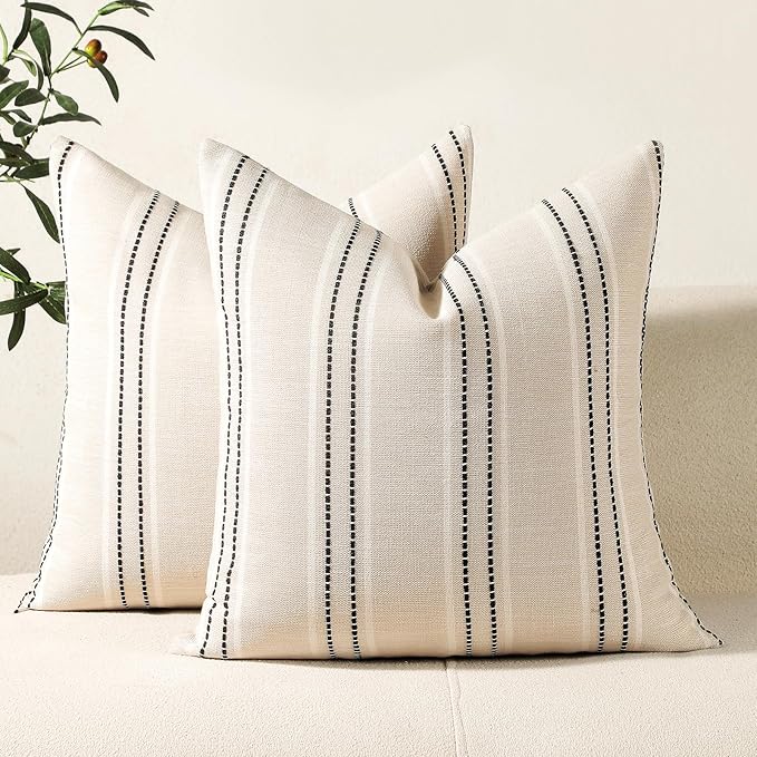 Hckot Throw Pillow Covers 24x24 Set of 2 Striped Pillow Covers Textured Linen Decorative Pillows Square Cushion Covers for Sofa Couch Bed Living Room Farmhouse Decor,Black
