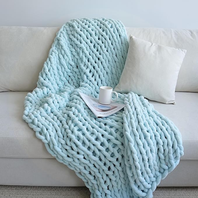 Maetoow Chenille Chunky Knit Blanket,Handmade Cozy for Home Decor,50×60, Baby Blue