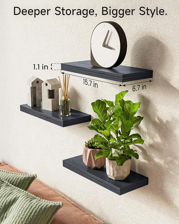 BAYKA Floating Shelves for Wall, Wall Mounted Rustic Wood Shelves for Bathroom, Bedroom, Living Room, Kitchen, Hanging Shelf for Books/Storage/Room Decor with 22lbs Capacity (Black, Set of 3, 15.7in) | Easy Install, 22lbs Max Load, Hidden Bracket, Wall...