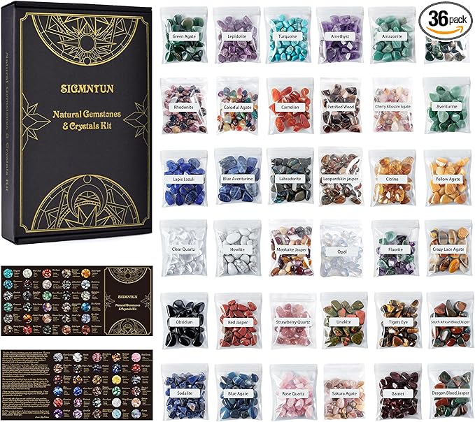 Polished Healing Crystal Chips Stones Set, 36 Different Natural Gemstone Types, 2.5 lbs 0.3" Tumbled Decorative Rocks Collection for Chakra, Meditation, Reiki, Crafts
